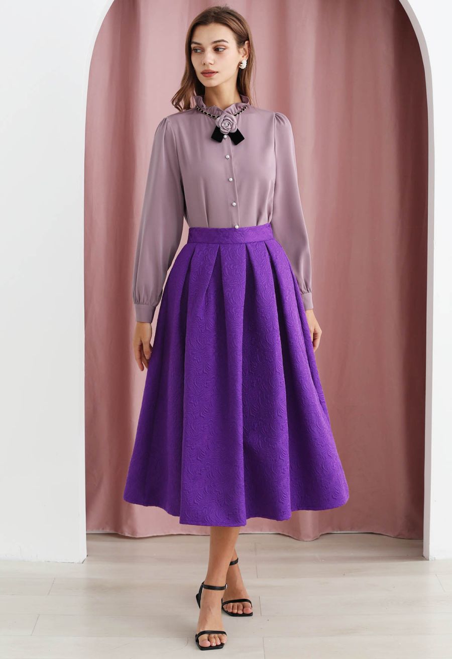 Noble Embossed Floral Jacquard Midi Skirt in Purple