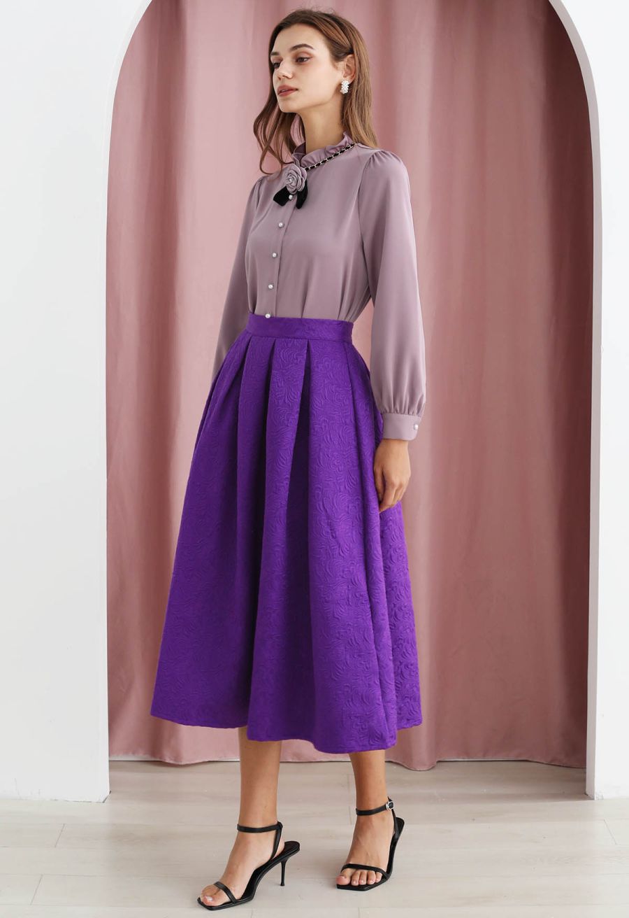 Noble Embossed Floral Jacquard Midi Skirt in Purple