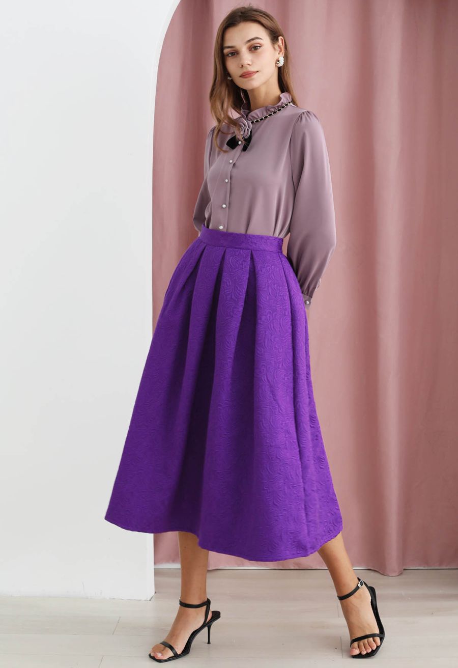 Noble Embossed Floral Jacquard Midi Skirt in Purple