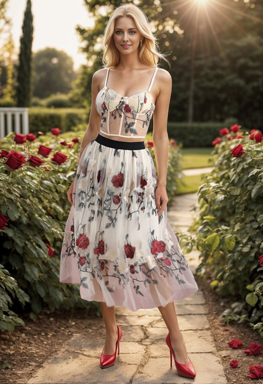 Red Rose Embroidered Mesh Bustier Top