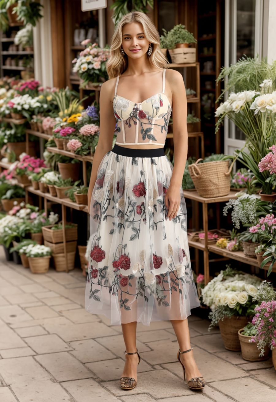 Red Rose Embroidered Mesh Bustier Top