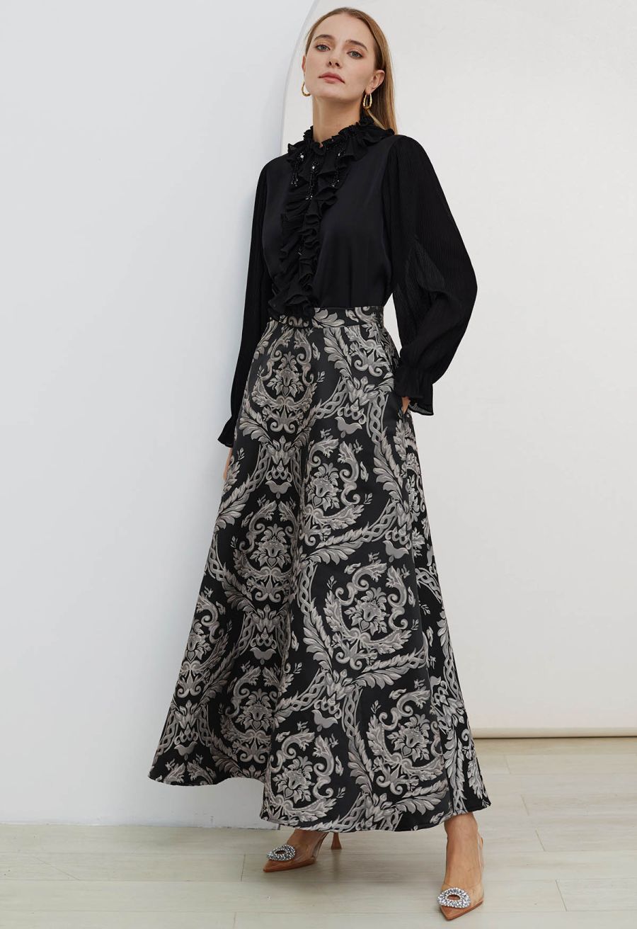 Luscious Ruffle Spliced Plisse Sleeves Top in Black