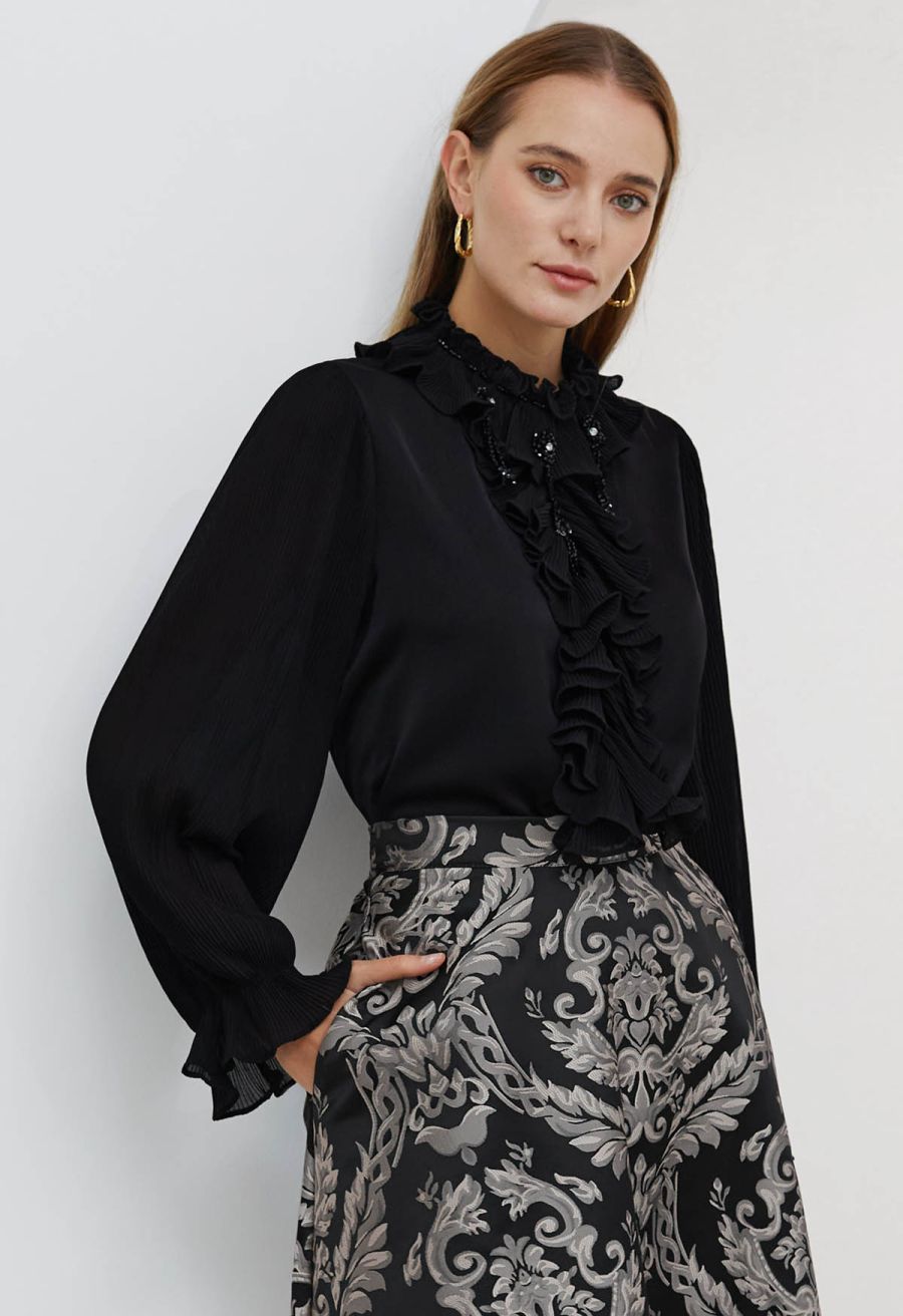 Luscious Ruffle Spliced Plisse Sleeves Top in Black