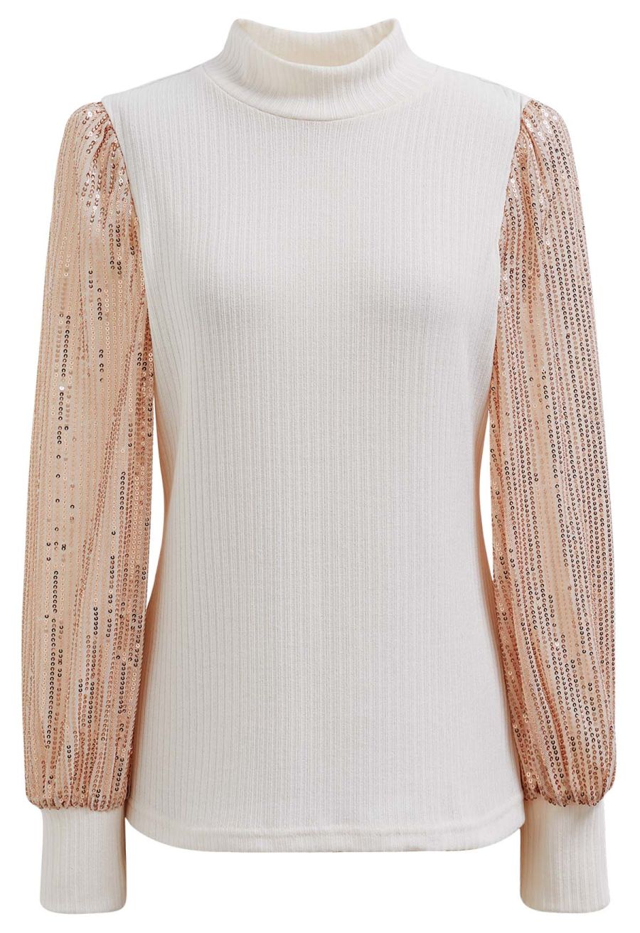 Sequin Mesh Sleeves Mock Neck Knit Top in Cream