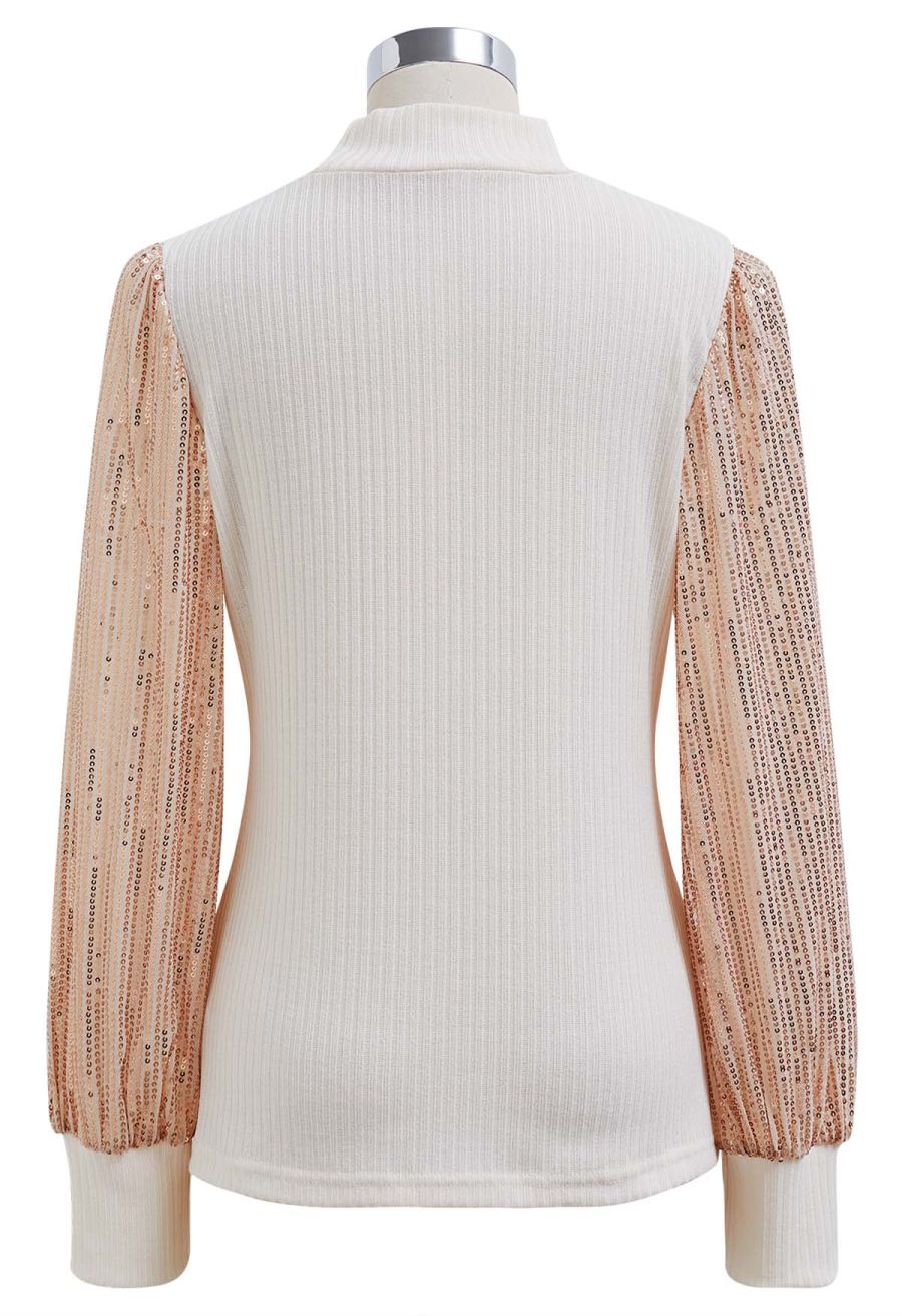 Sequin Mesh Sleeves Mock Neck Knit Top in Cream