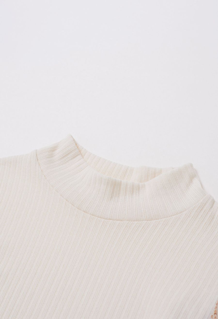 Sequin Mesh Sleeves Mock Neck Knit Top in Cream