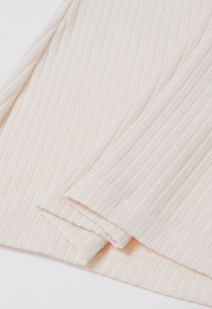 Sequin Mesh Sleeves Mock Neck Knit Top in Cream