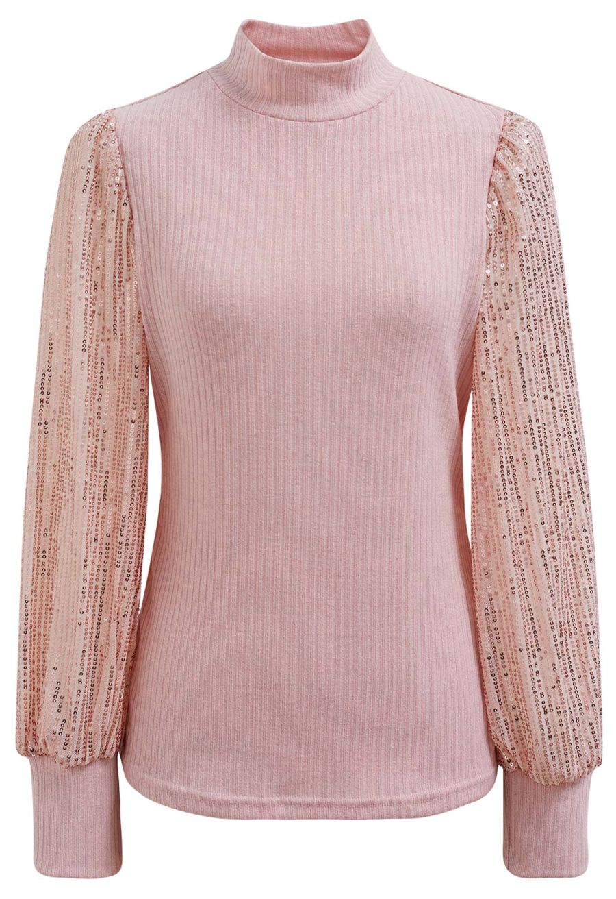 Sequin Mesh Sleeves Mock Neck Knit Top in Pink