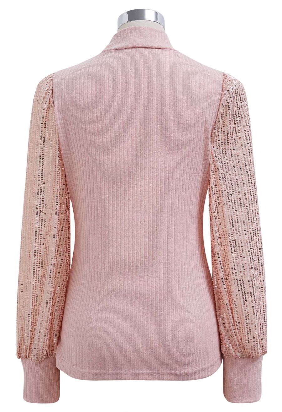 Sequin Mesh Sleeves Mock Neck Knit Top in Pink