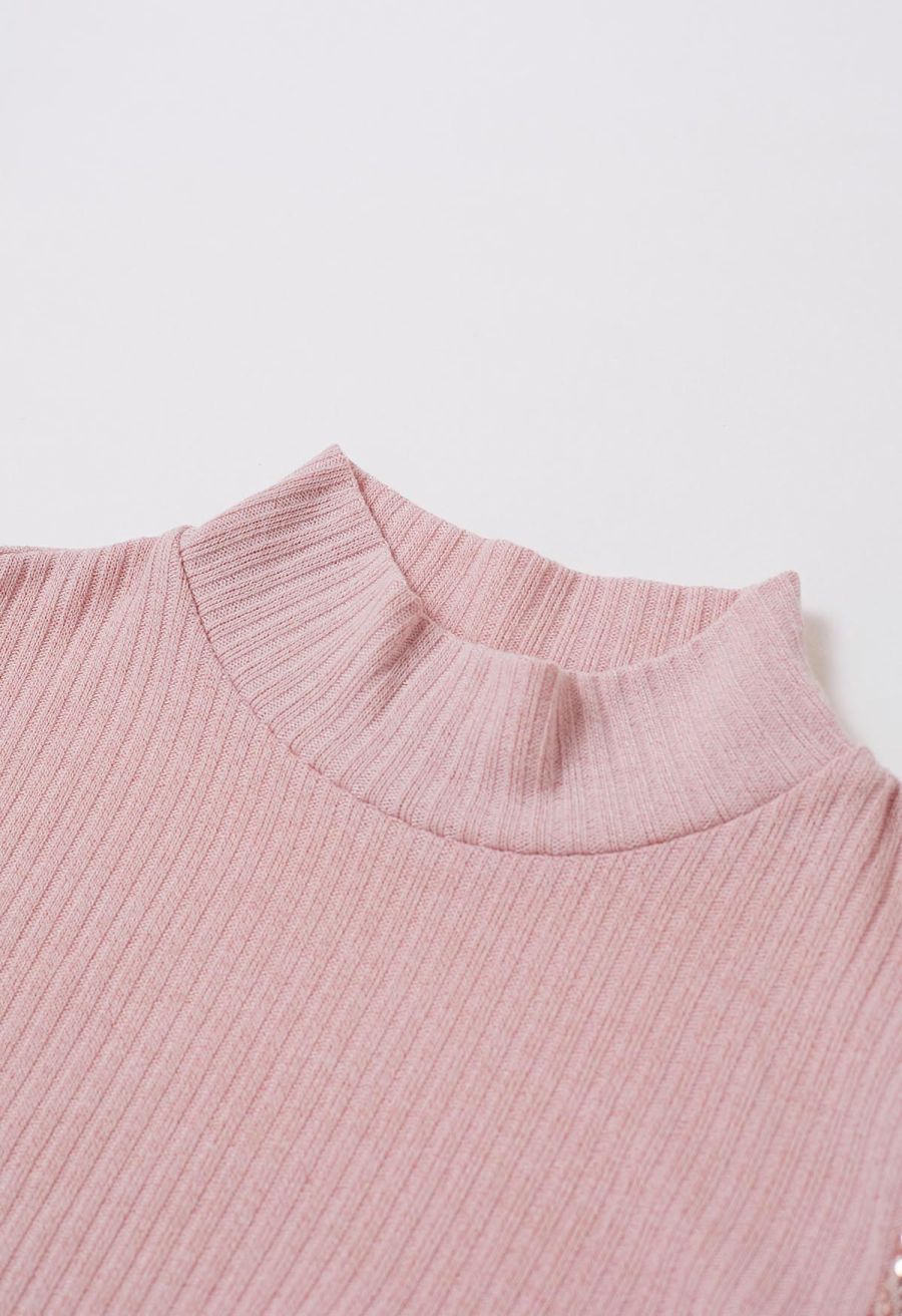 Sequin Mesh Sleeves Mock Neck Knit Top in Pink