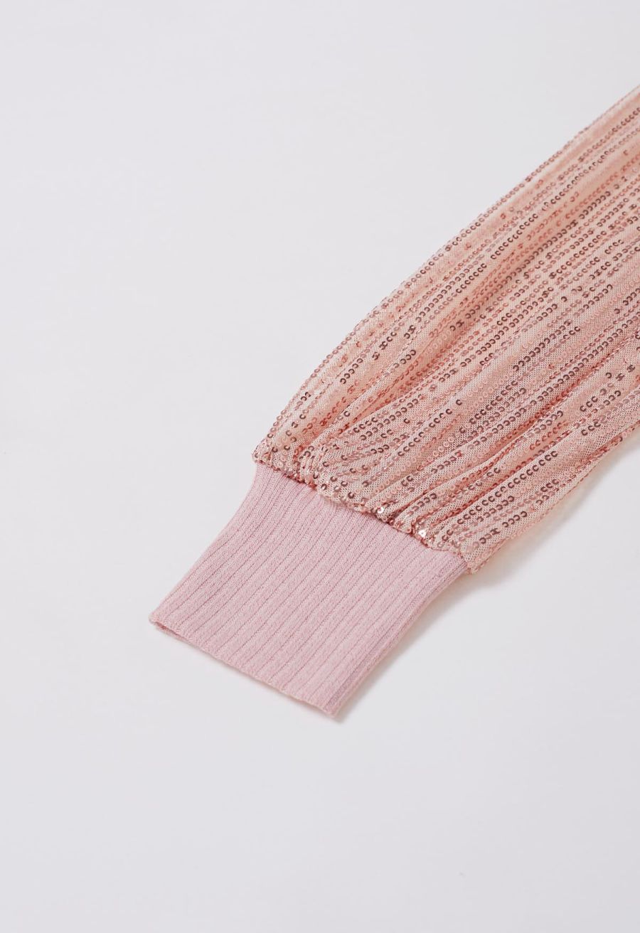 Sequin Mesh Sleeves Mock Neck Knit Top in Pink