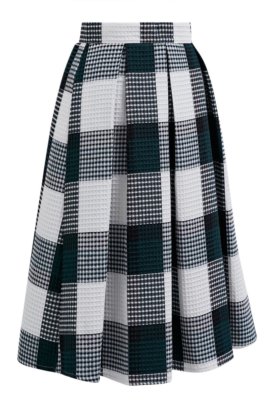 Dark Green Check Waffle Texture Pleated Midi Skirt