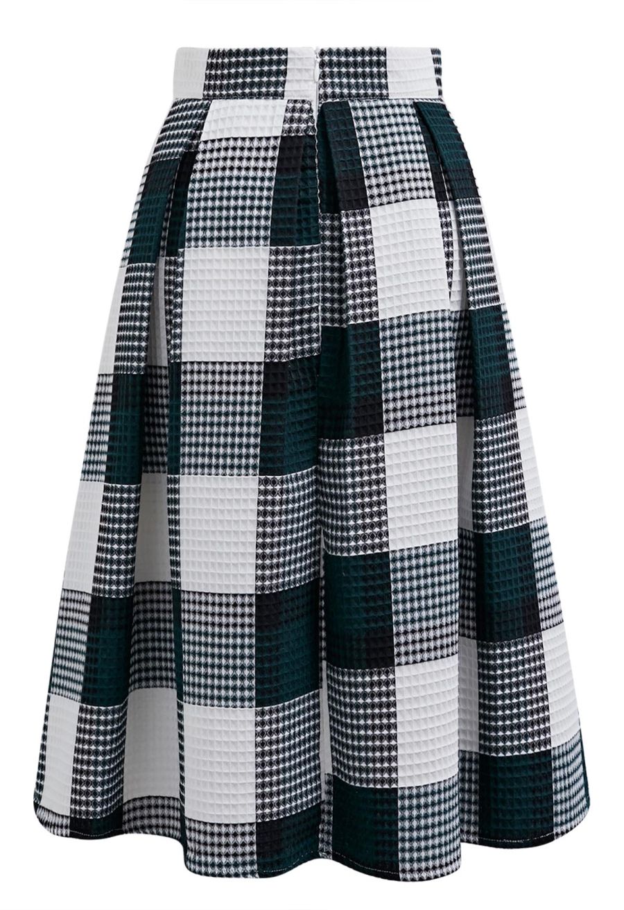 Dark Green Check Waffle Texture Pleated Midi Skirt
