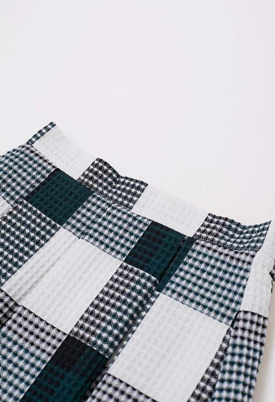 Dark Green Check Waffle Texture Pleated Midi Skirt