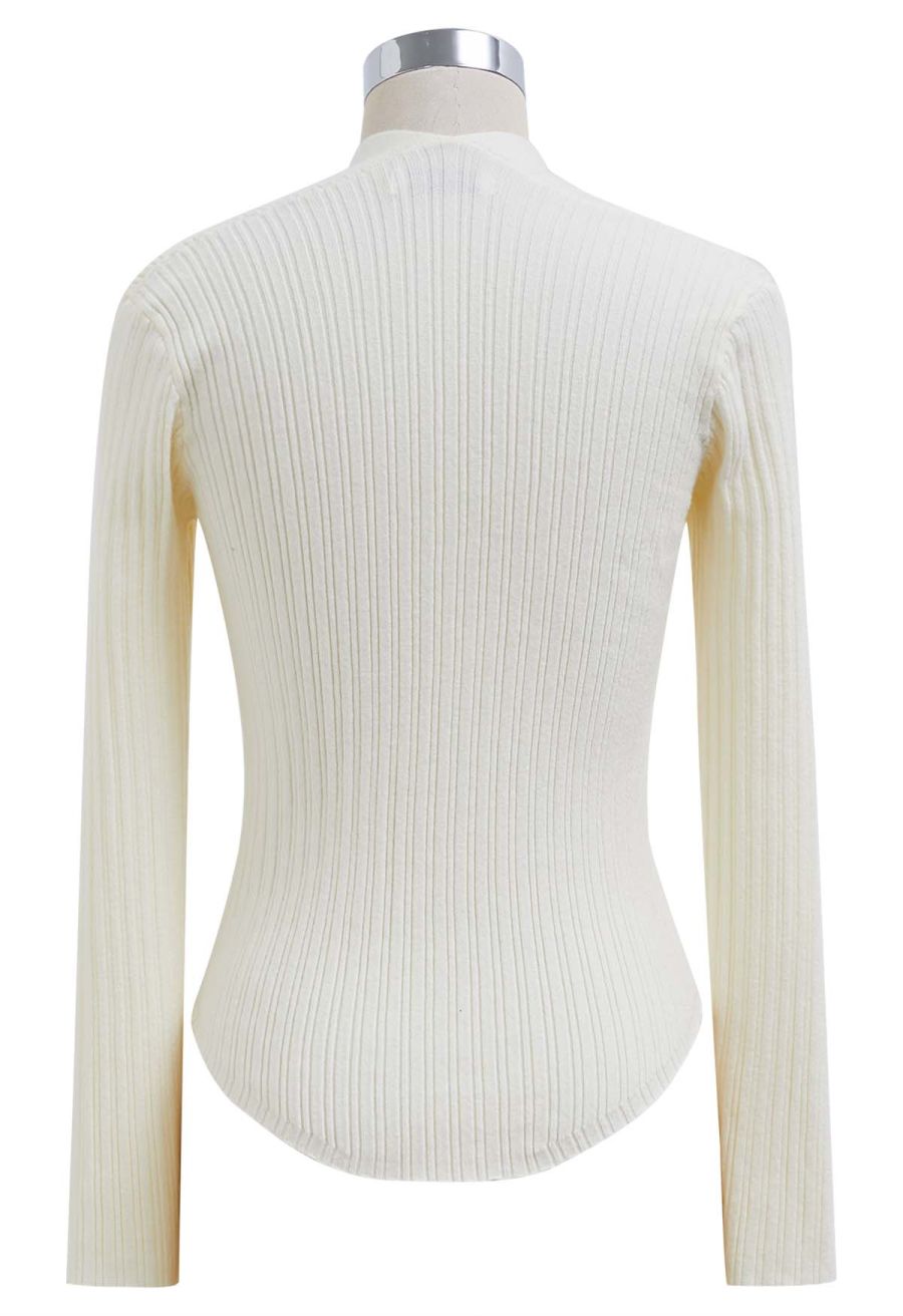 Button Embellished Square Neck Knit Top in Cream
