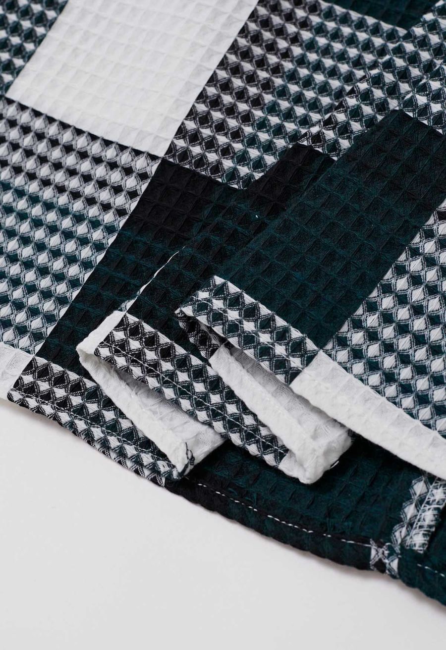 Dark Green Check Waffle Texture Pleated Midi Skirt