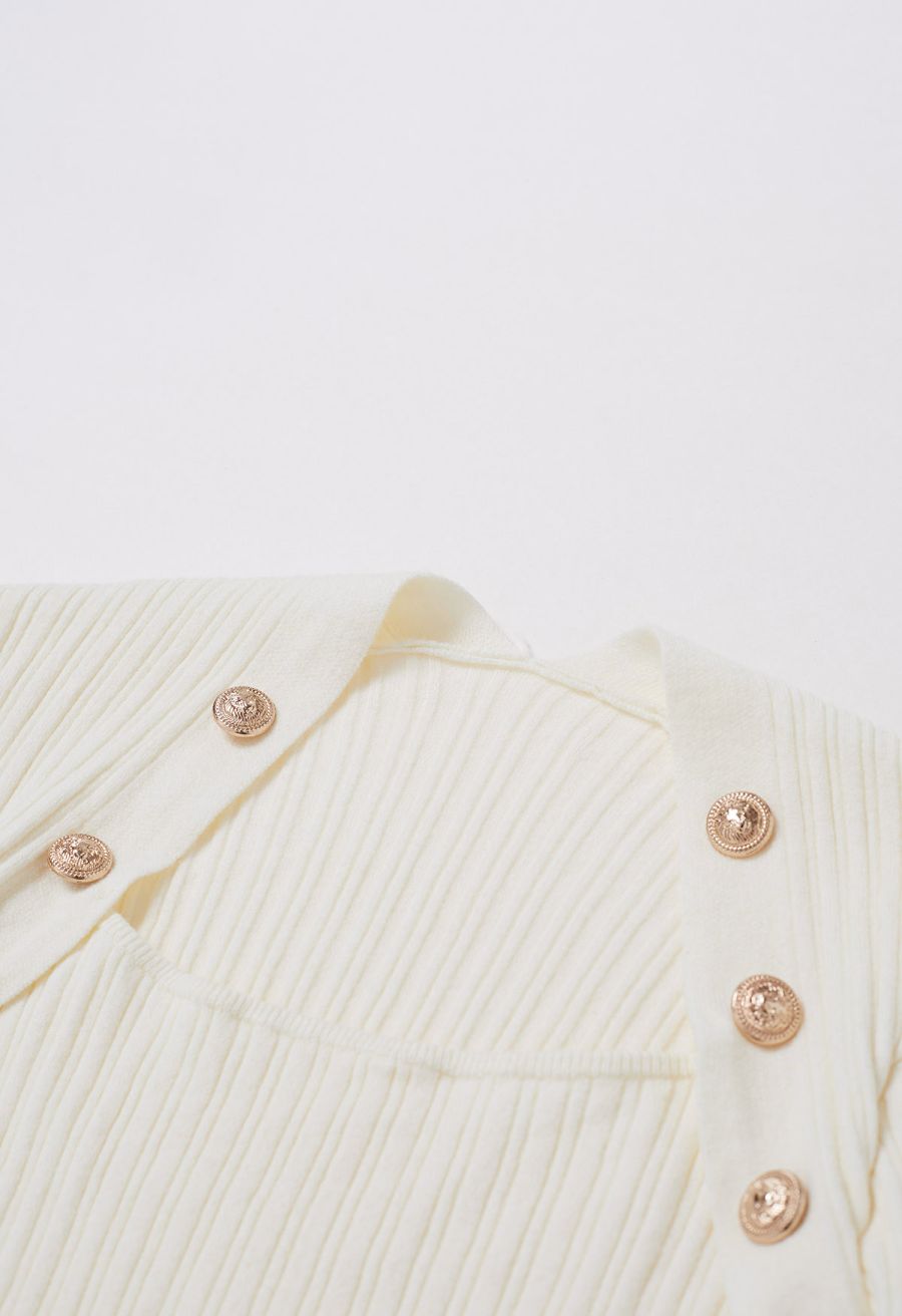Button Embellished Square Neck Knit Top in Cream