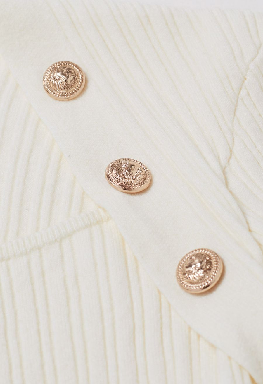 Button Embellished Square Neck Knit Top in Cream