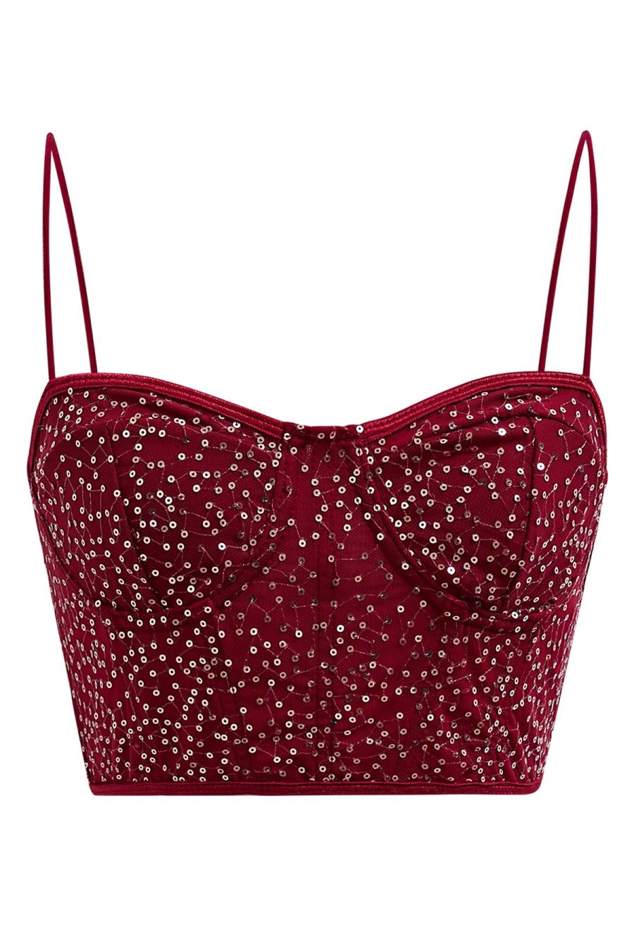 Sequin Embroidered Corset Bustier Top in Burgundy