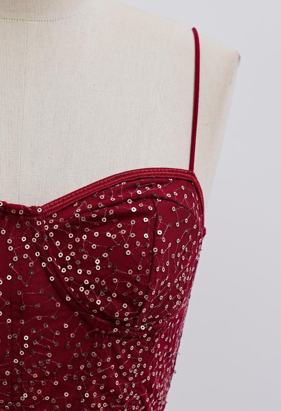 Sequin Embroidered Corset Bustier Top in Burgundy