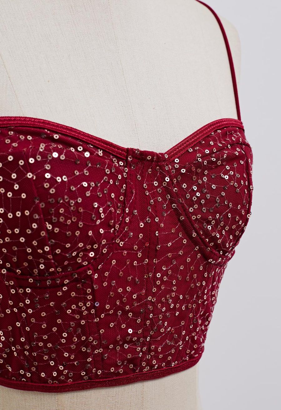 Sequin Embroidered Corset Bustier Top in Burgundy
