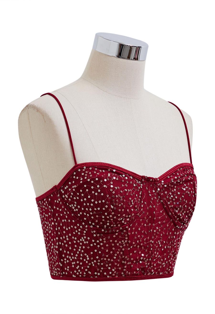 Sequin Embroidered Corset Bustier Top in Burgundy