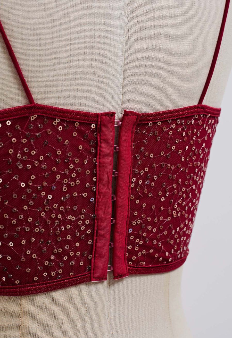 Sequin Embroidered Corset Bustier Top in Burgundy