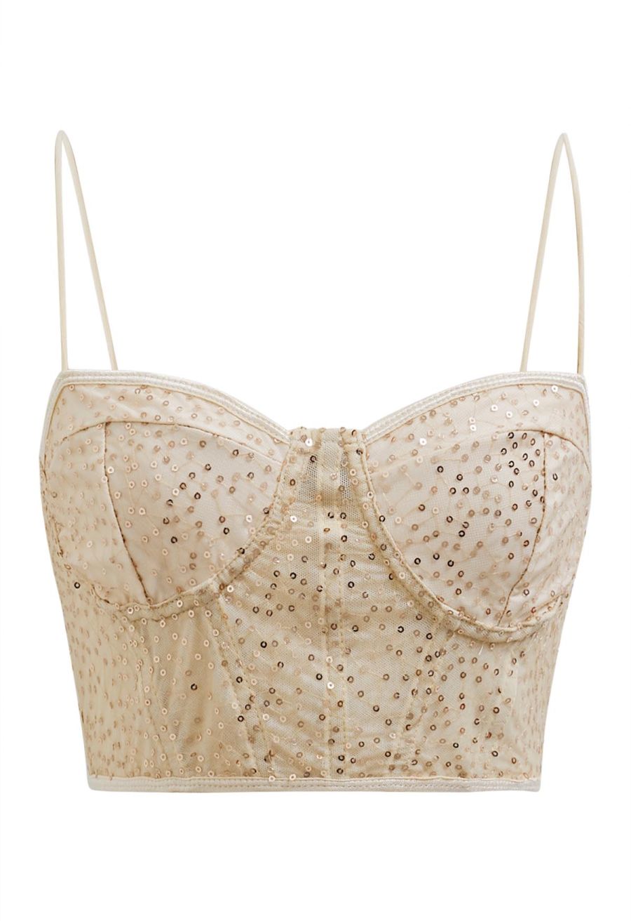 Sequin Embroidered Corset Bustier Top in Cream