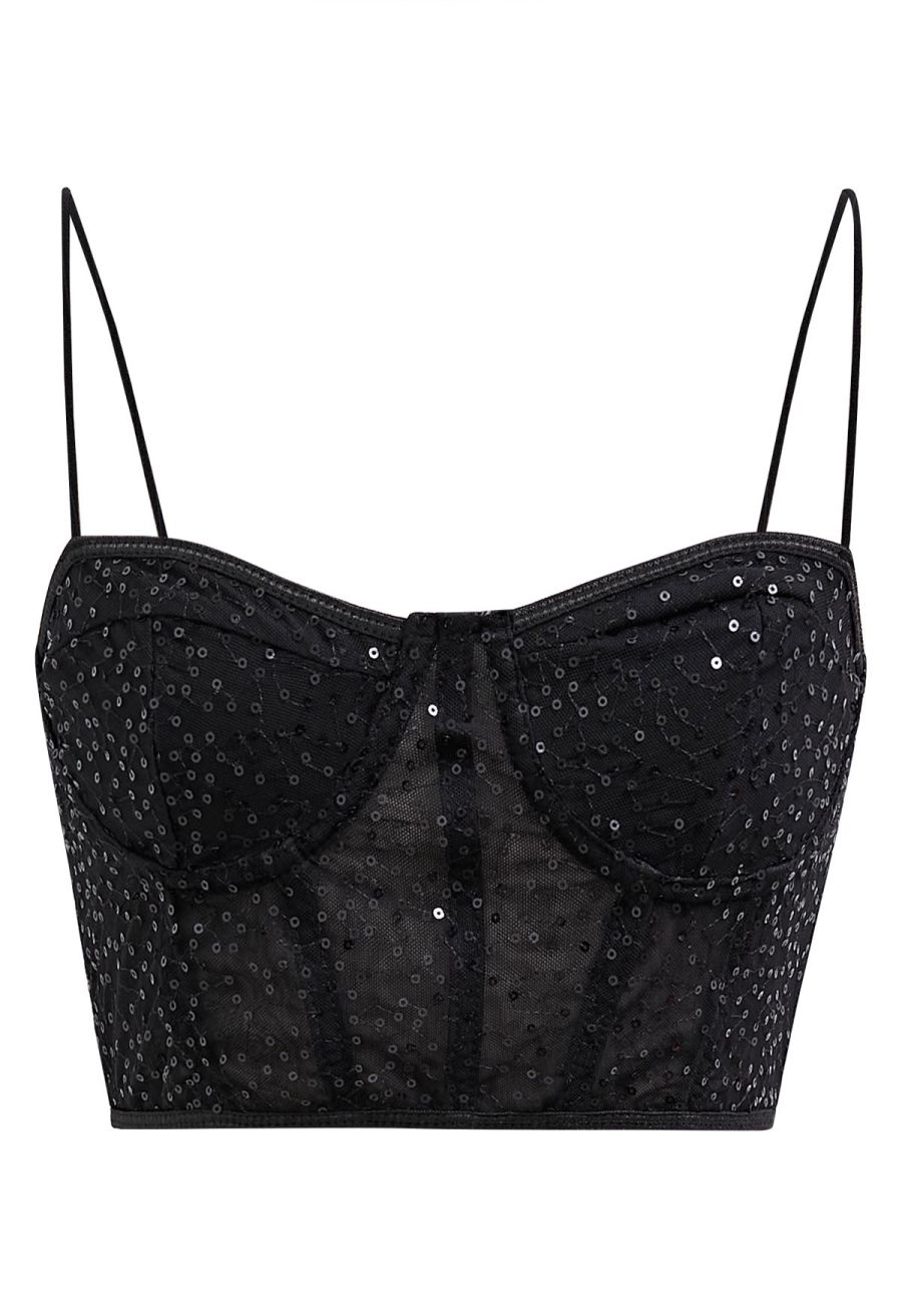 Sequin Embroidered Corset Bustier Top in Black