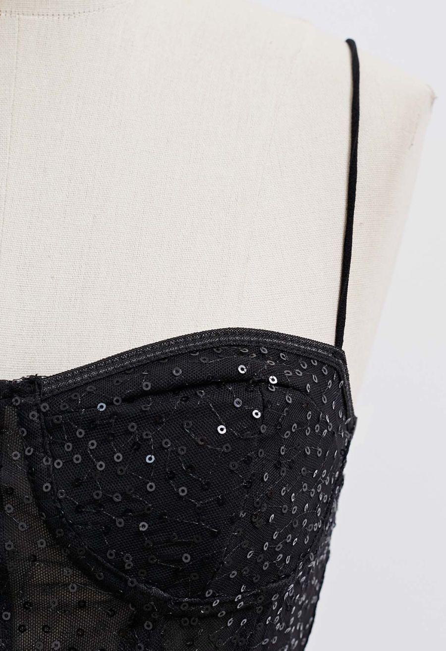 Sequin Embroidered Corset Bustier Top in Black