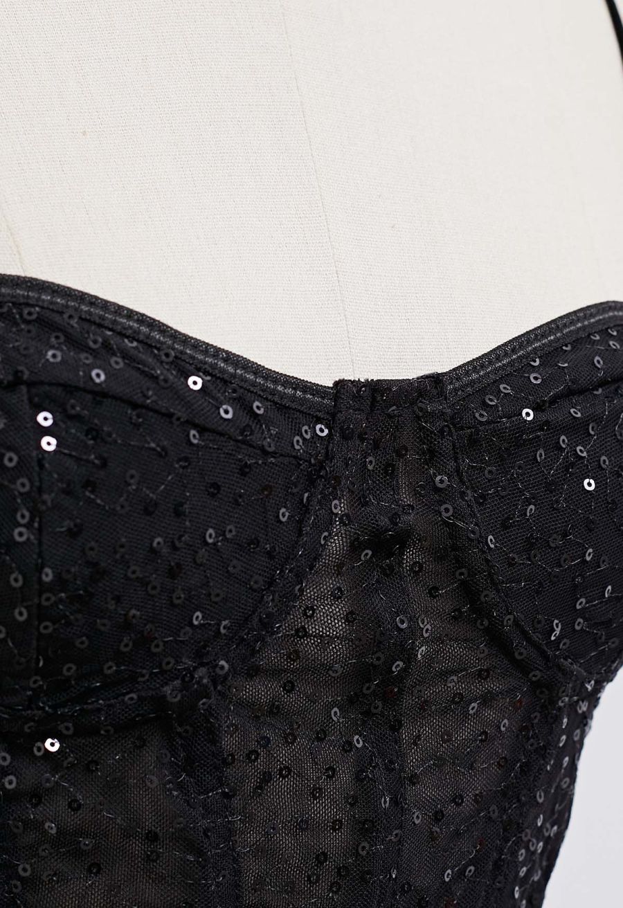 Sequin Embroidered Corset Bustier Top in Black