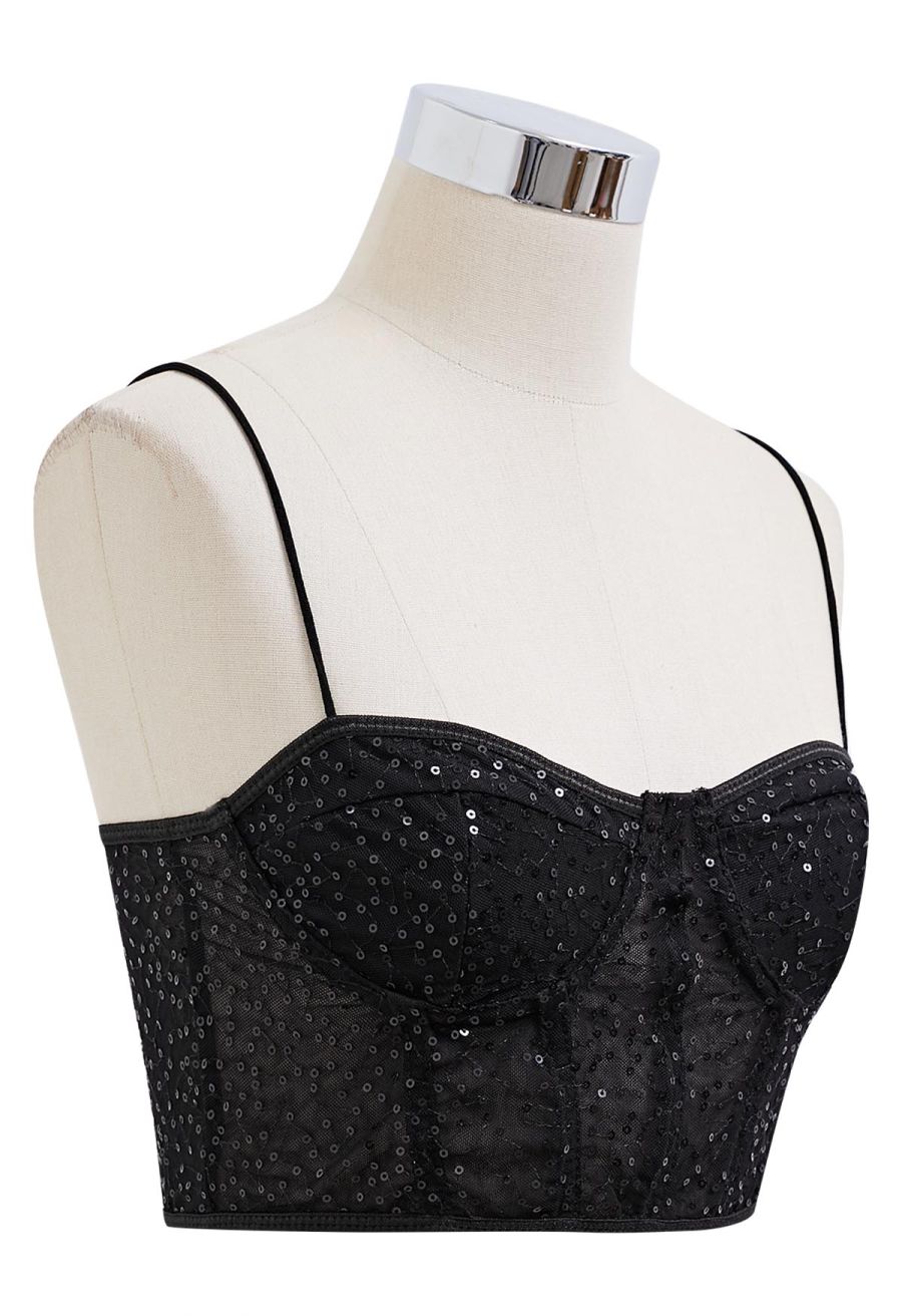 Sequin Embroidered Corset Bustier Top in Black