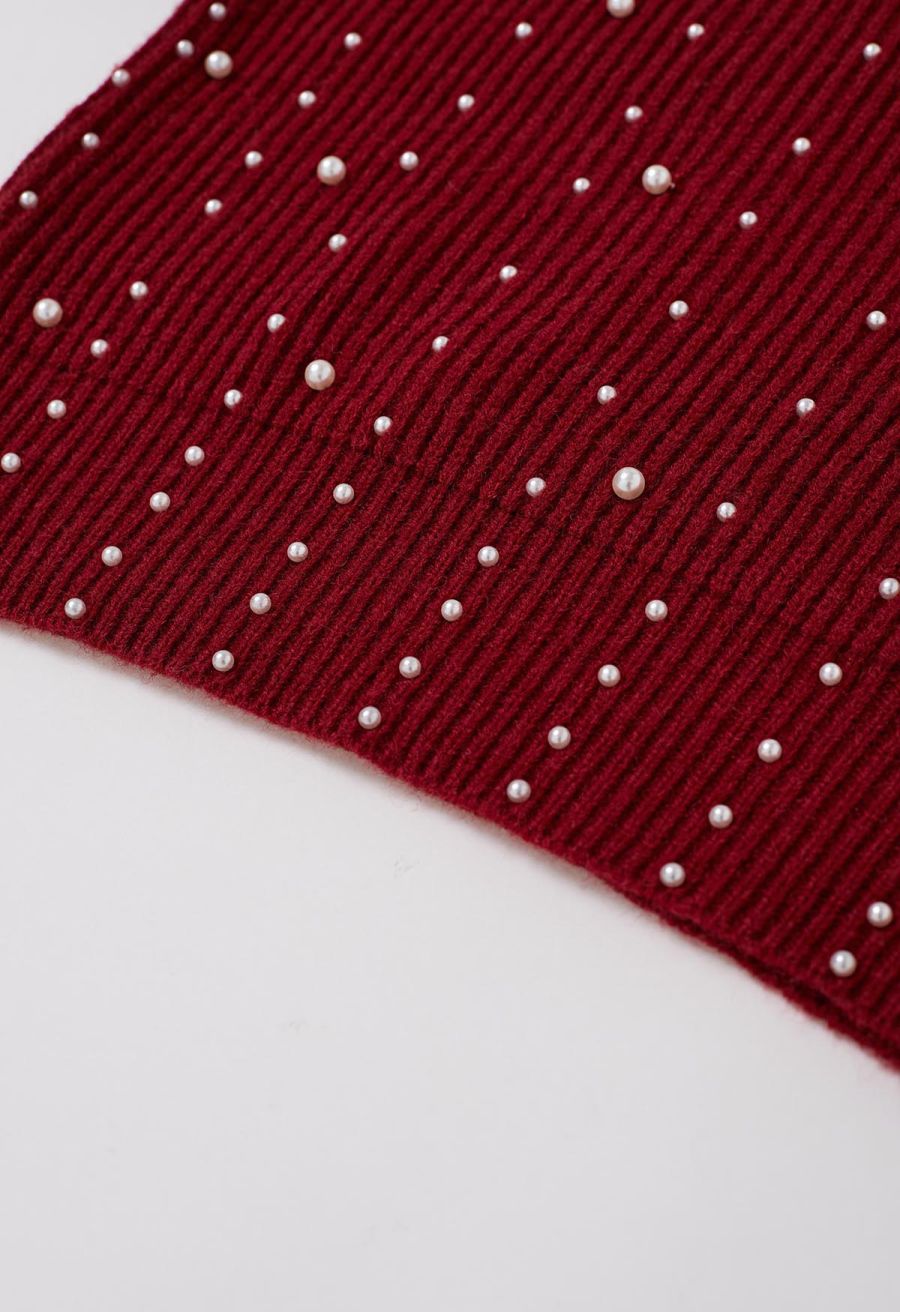 Pearl Embellished Puff Sleeve Knit Sweater in Red