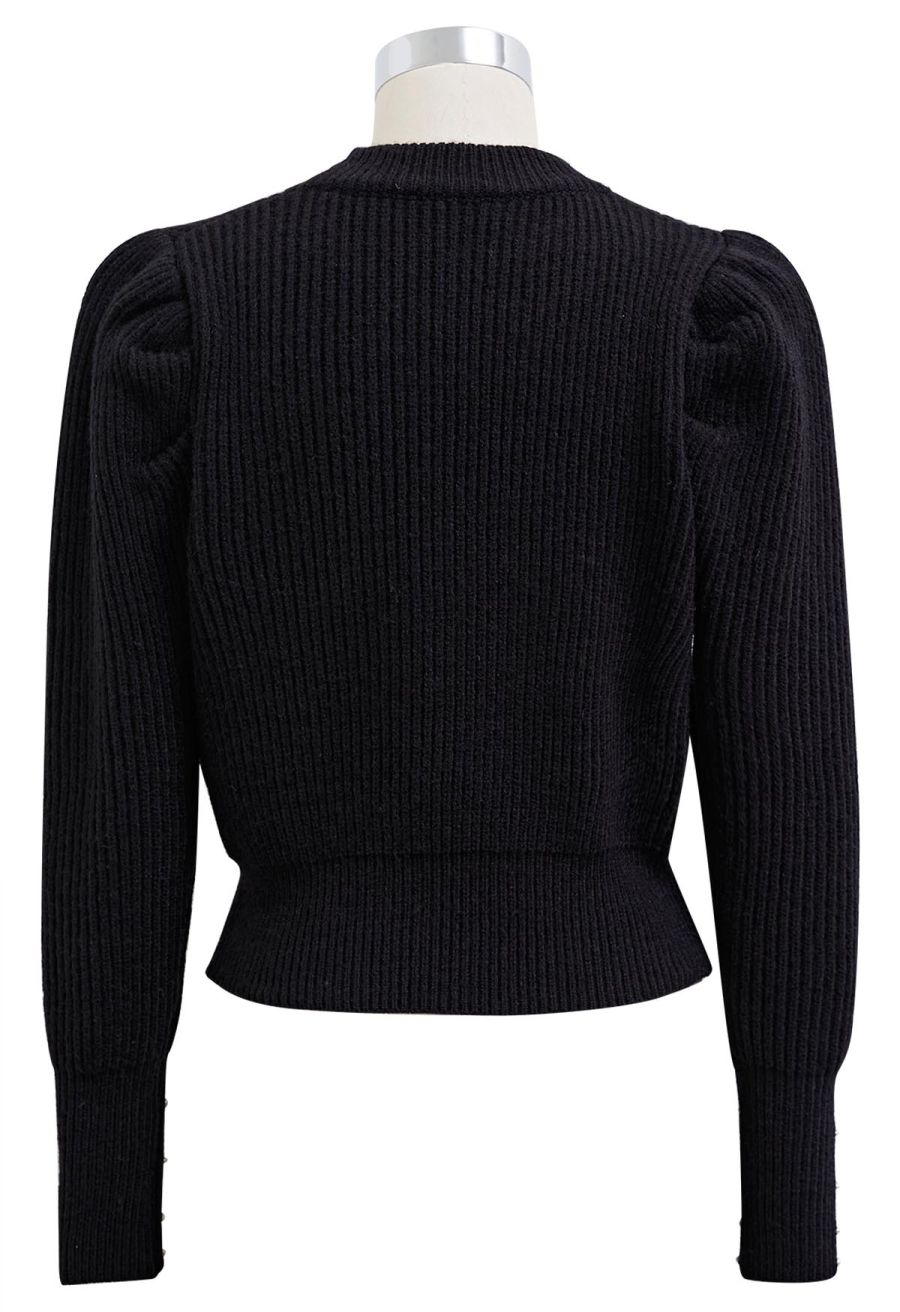 Pearl Embellished Puff Sleeve Knit Sweater in Black