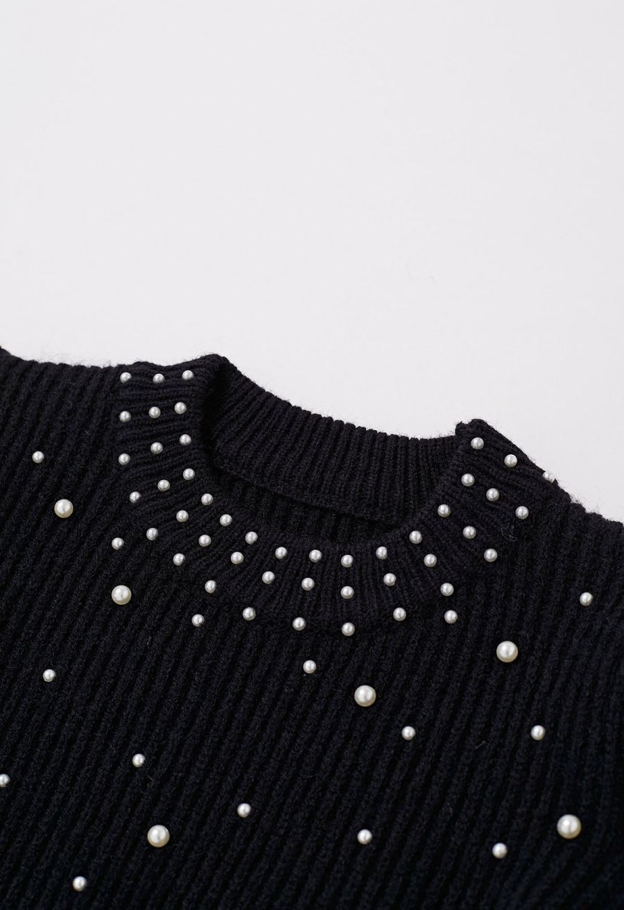 Pearl Embellished Puff Sleeve Knit Sweater in Black