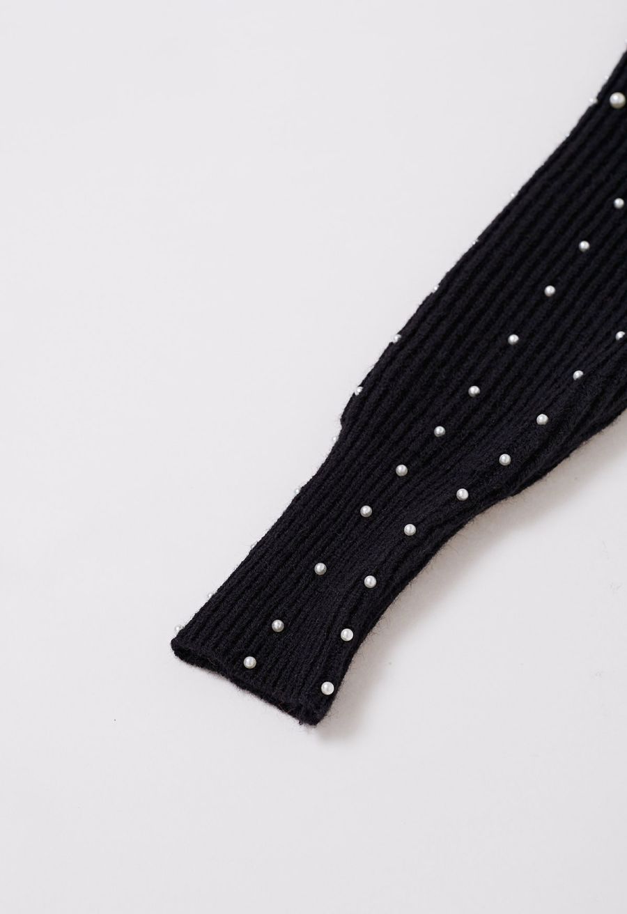 Pearl Embellished Puff Sleeve Knit Sweater in Black