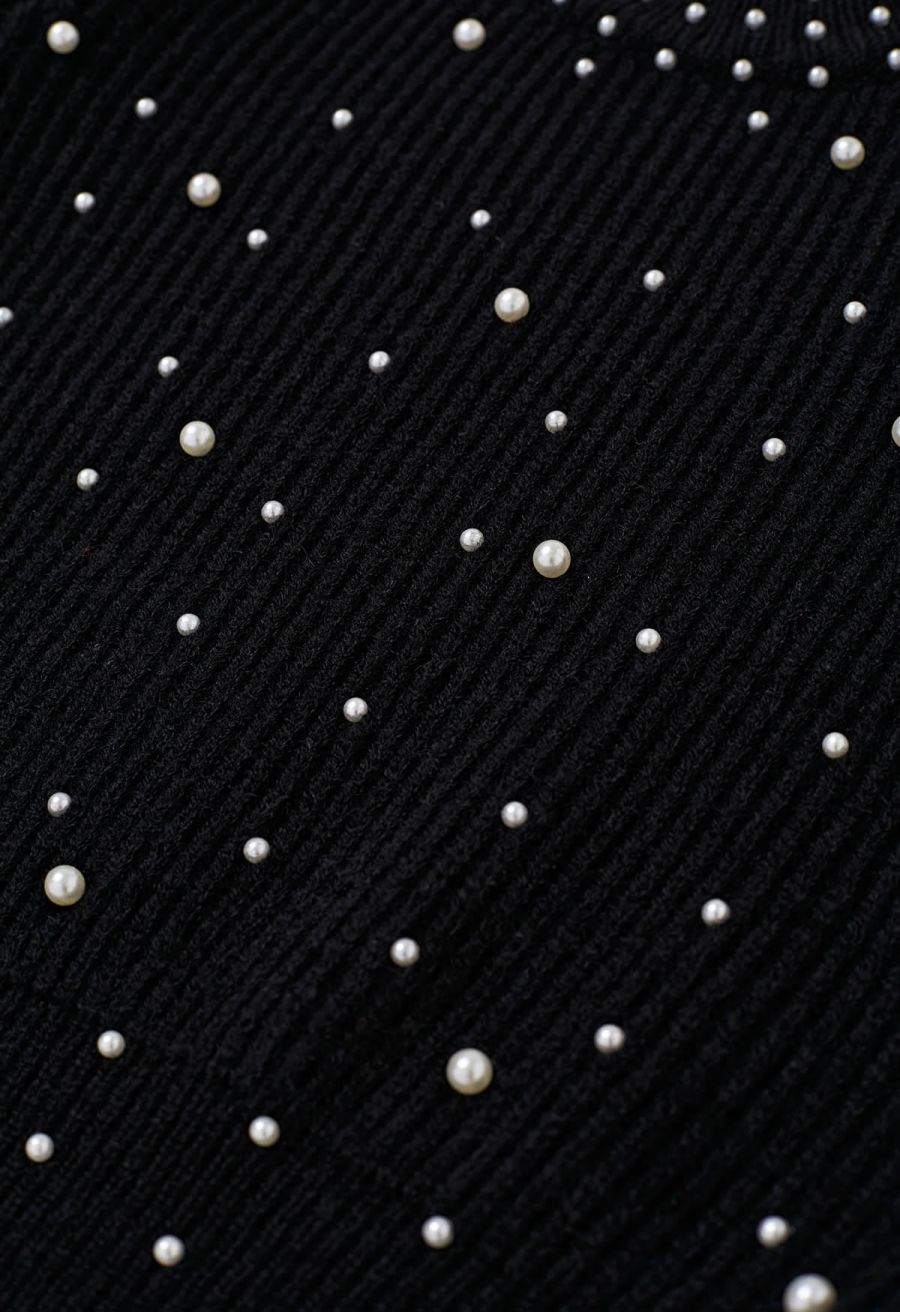 Pearl Embellished Puff Sleeve Knit Sweater in Black