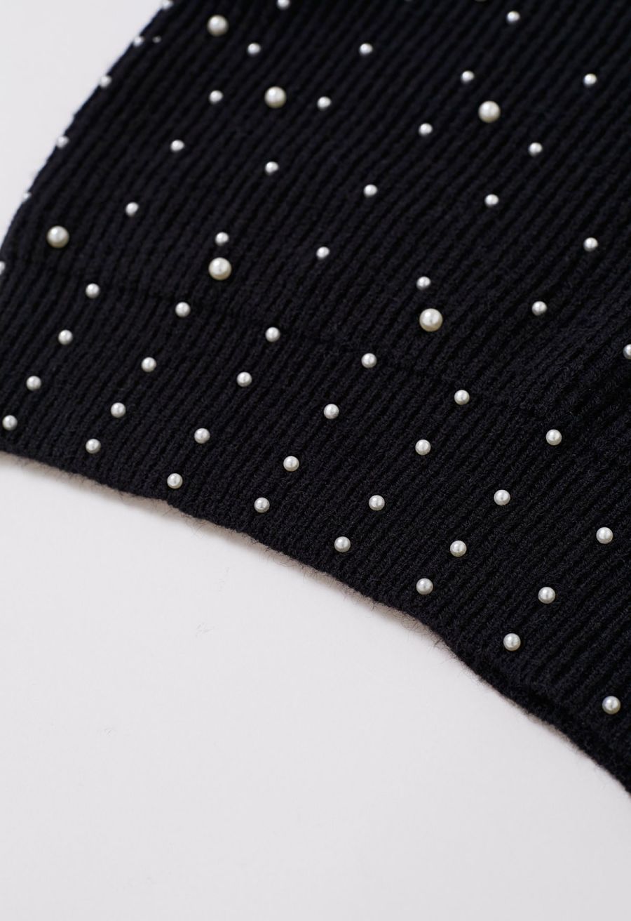 Pearl Embellished Puff Sleeve Knit Sweater in Black