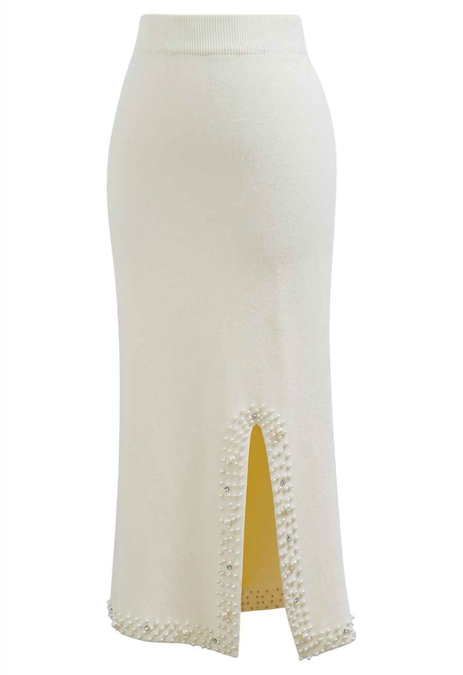 Pearl Embellished Slit Hem Knit Pencil Skirt in Cream