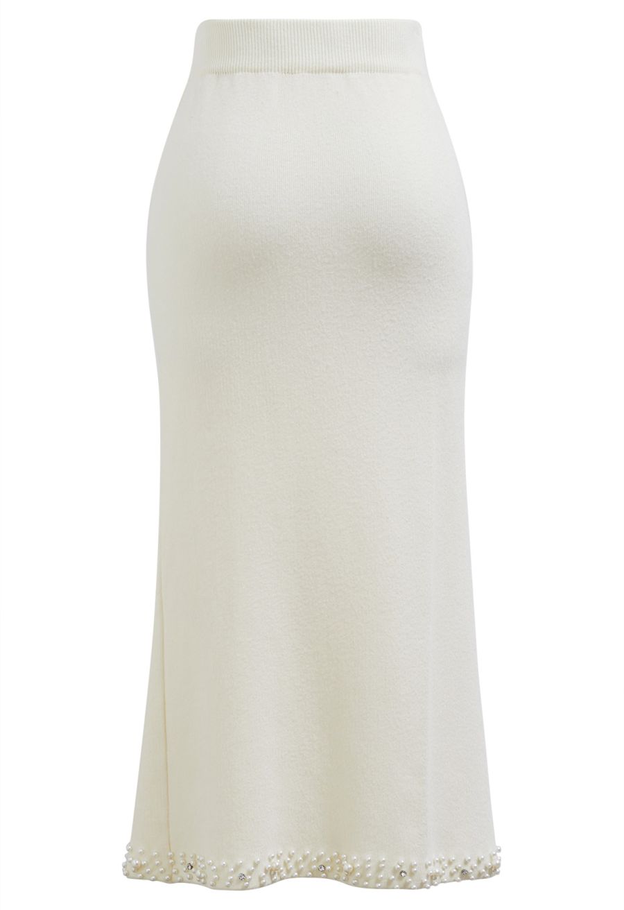 Pearl Embellished Slit Hem Knit Pencil Skirt in Cream