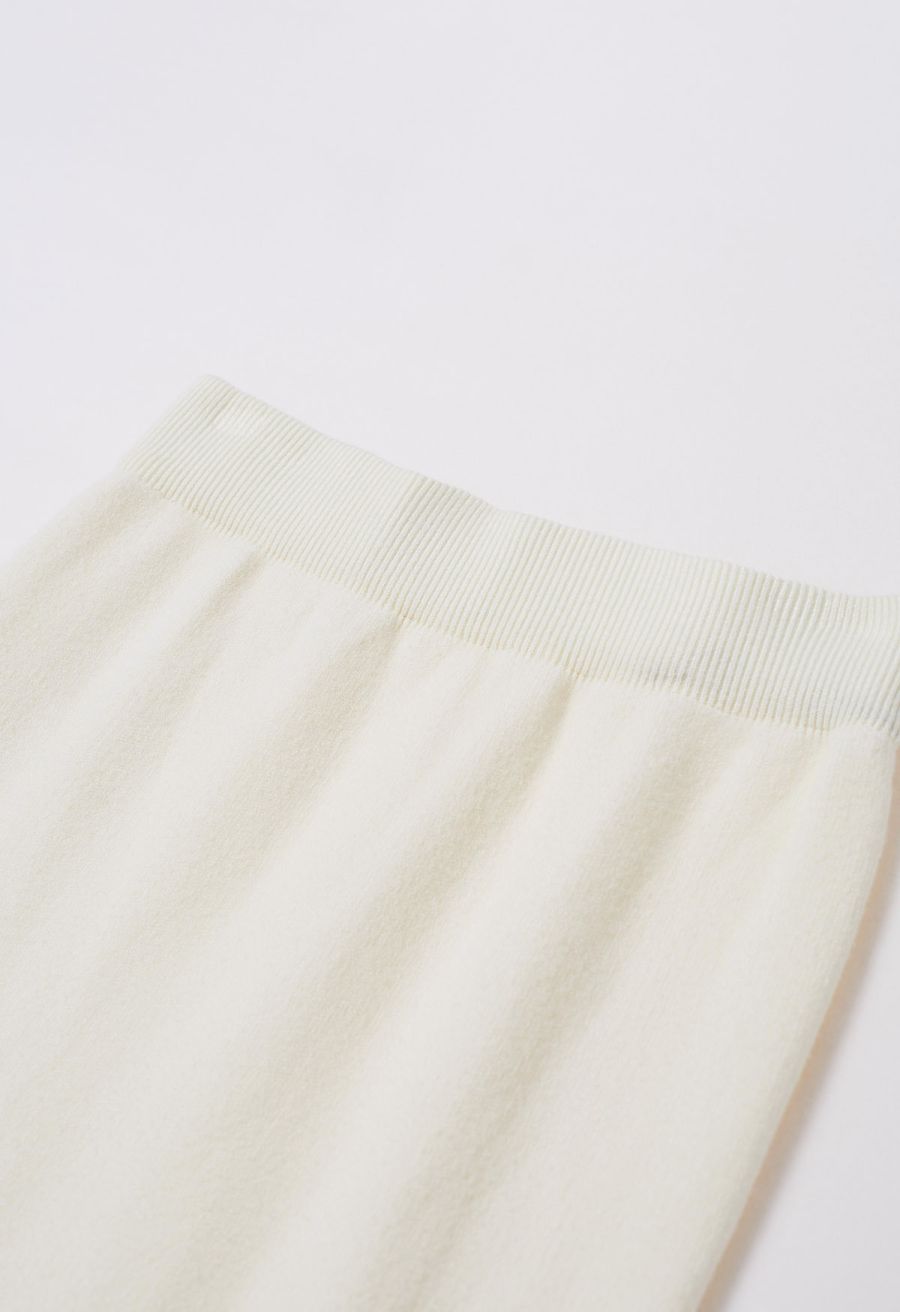 Pearl Embellished Slit Hem Knit Pencil Skirt in Cream