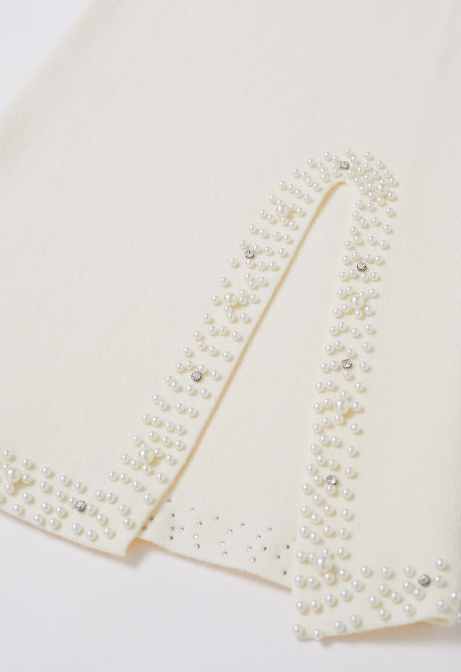 Pearl Embellished Slit Hem Knit Pencil Skirt in Cream