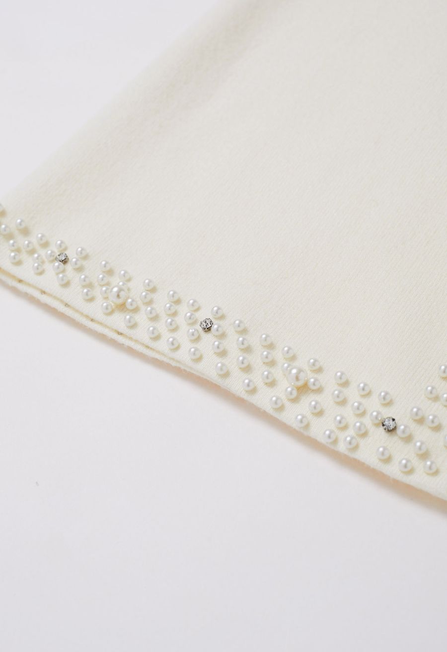 Pearl Embellished Slit Hem Knit Pencil Skirt in Cream