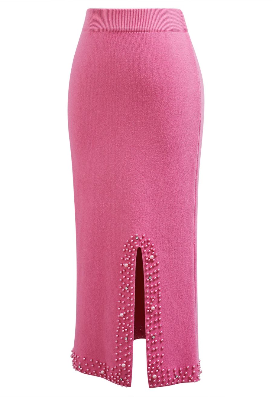 Pearl Embellished Slit Hem Knit Pencil Skirt in Hot Pink