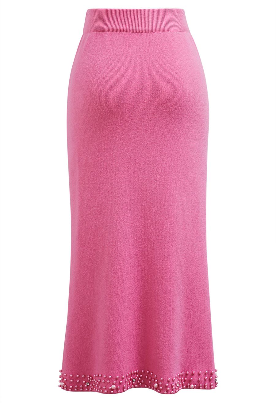 Pearl Embellished Slit Hem Knit Pencil Skirt in Hot Pink