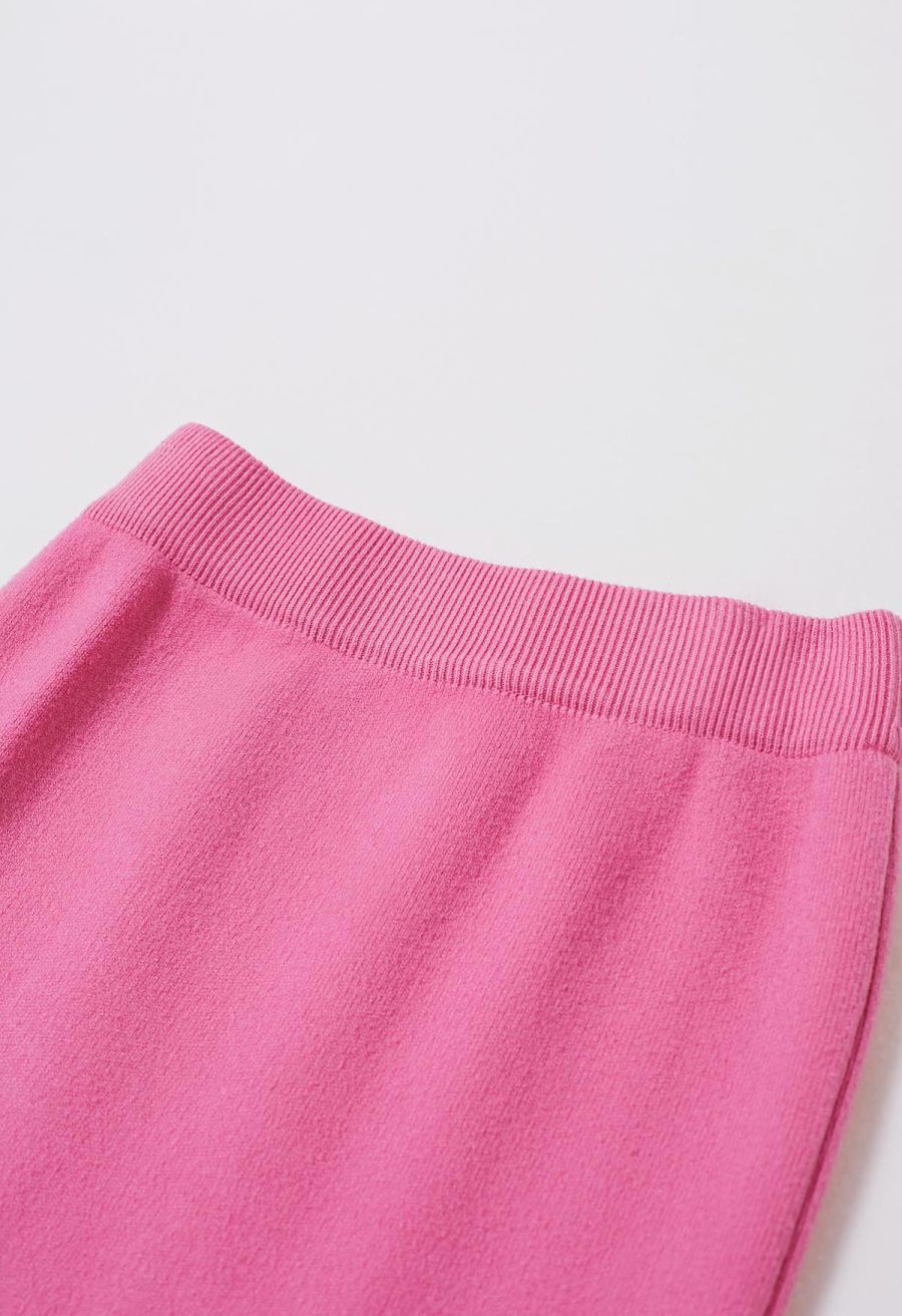 Pearl Embellished Slit Hem Knit Pencil Skirt in Hot Pink