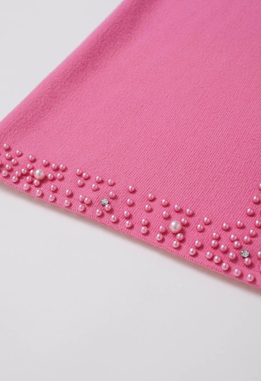 Pearl Embellished Slit Hem Knit Pencil Skirt in Hot Pink