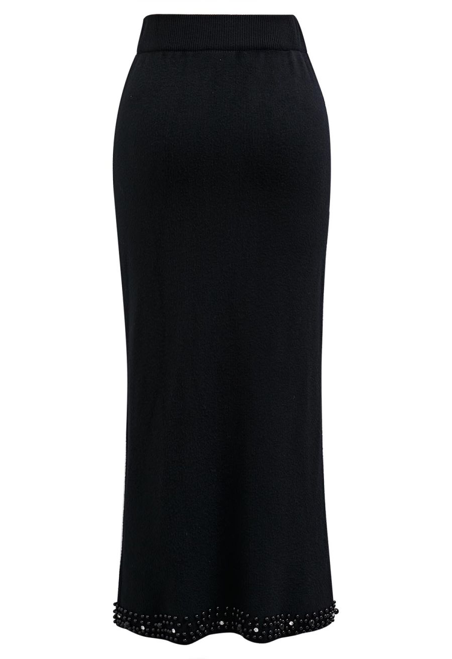 Pearl Embellished Slit Hem Knit Pencil Skirt in Black