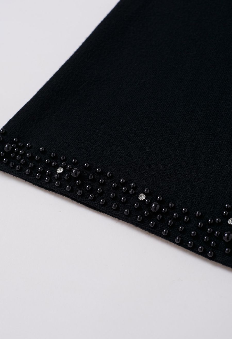 Pearl Embellished Slit Hem Knit Pencil Skirt in Black