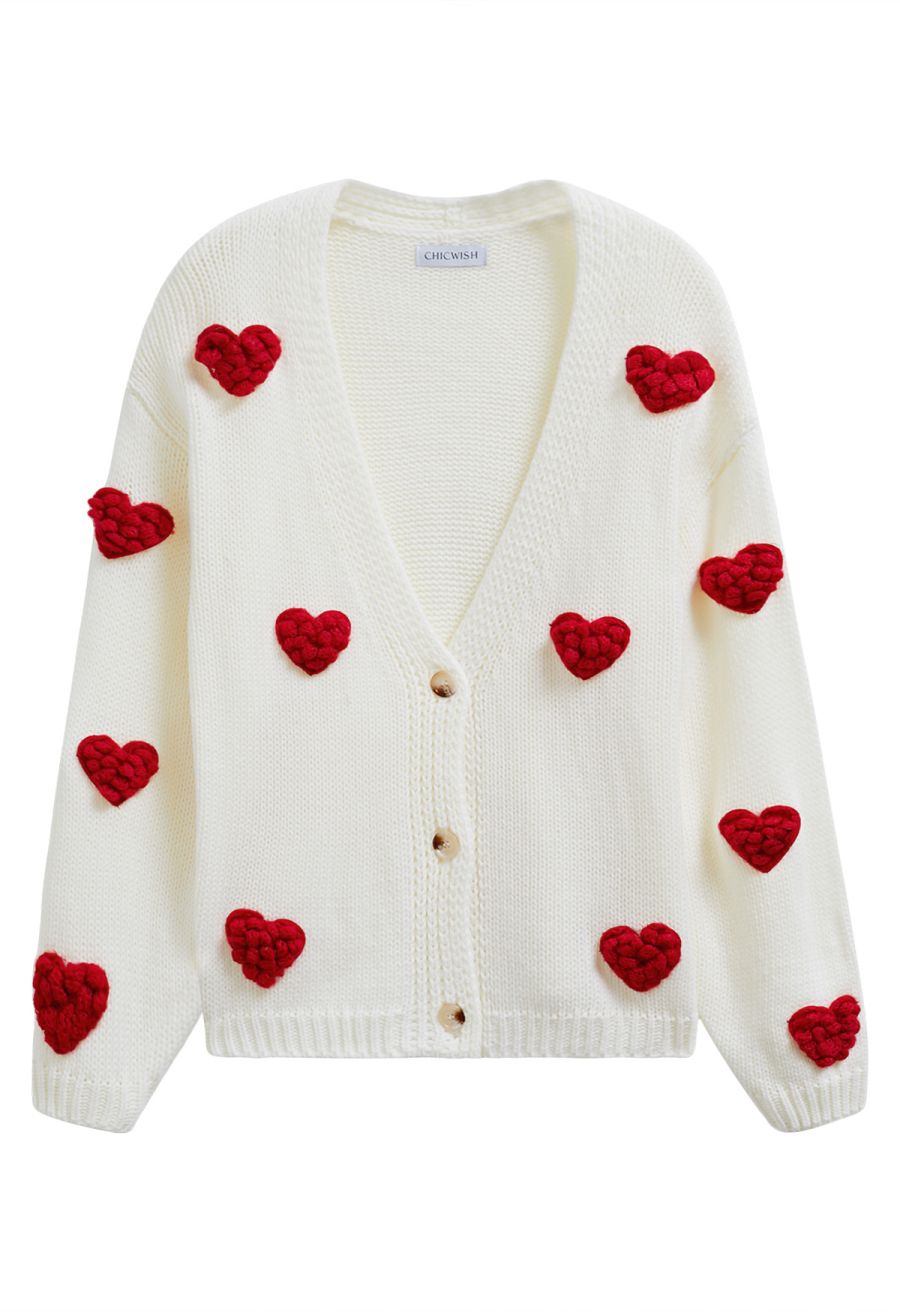 Romantic 3D Heart Knit Cardigan in White